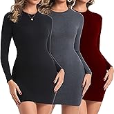 Chongbaijia 3 Pack Long Sleeve Dress for Women Ribbed Knit Crewneck Fall Winter 2026 Fashion Bodycon Mini Short Dresses