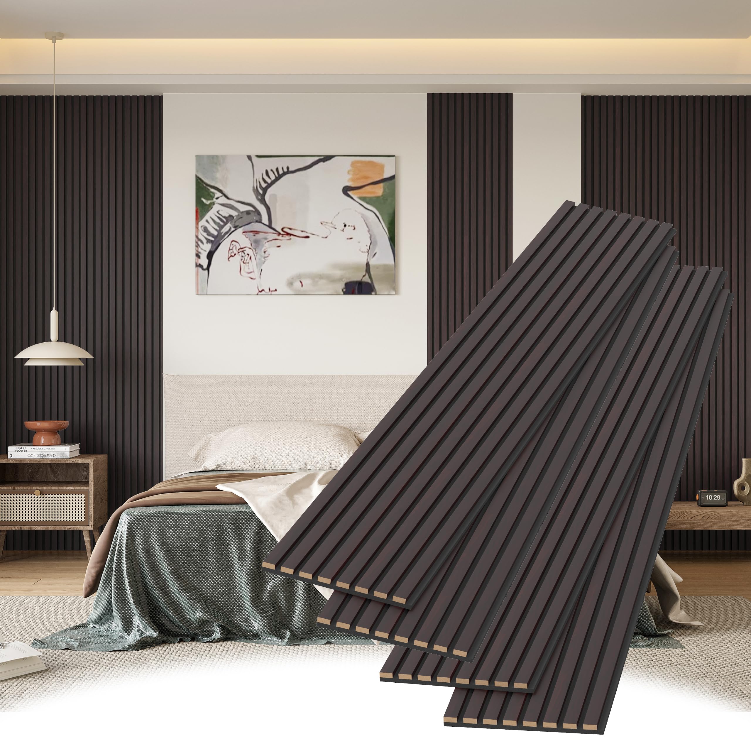 Photo 1 of POHARE Stylish Decorative Wall Panels, 4 Pack 8 x 1 ft, Modern Acoustic Wood Panels with Felt Backing, Black-Brown Oak