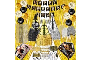 JellyArch 113 Pcs New Years Eve Party Supplies 2026 Bulk Happy New Year Decorations Kit for 100/50/36/24 Guest Include Glasses Hat Tiara Headband Noise Maker Bead Necklace Balloon Foil Curtain Banner