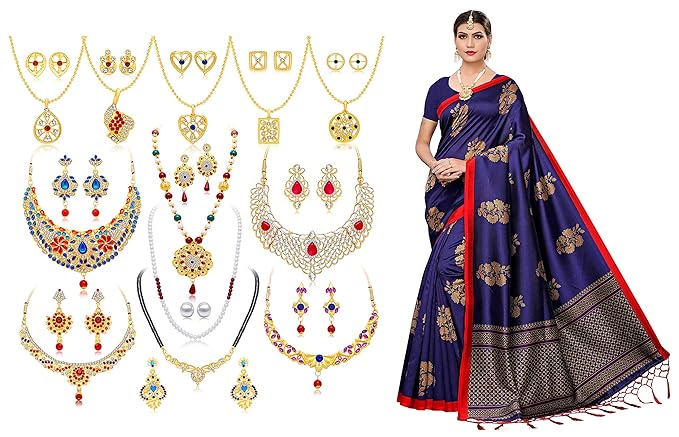 Sukkhi Jewellery Set For Women Set Of 12 & Anni Designer WomenS Art Silk With Blouse Piece Saree
