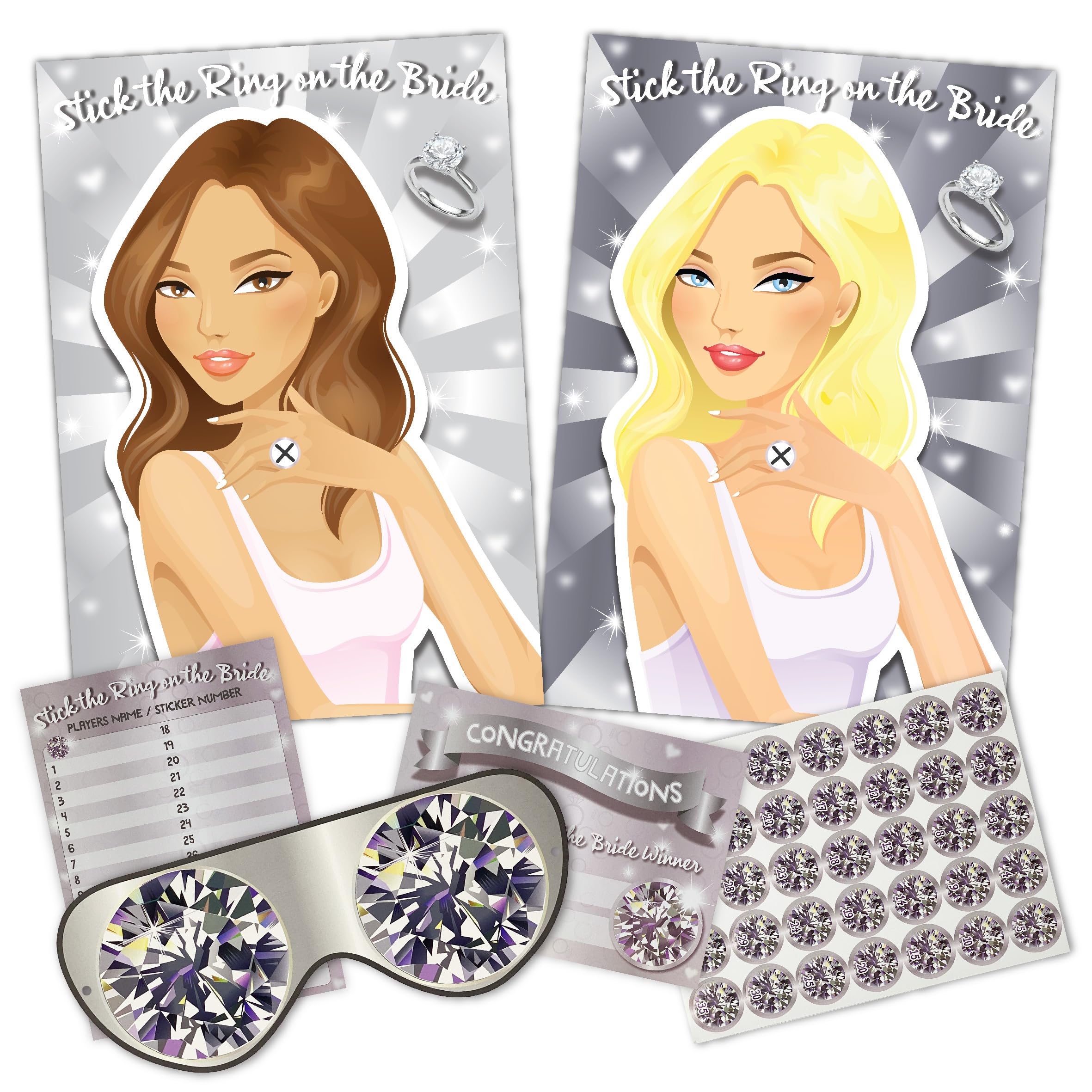 Fun Stickers Pin the Ring on the Bride Hen Party Game – Hen Do & Bridal Shower Games for Adults & Girls, Up to 35 Players, Includes Poster & Blindfold