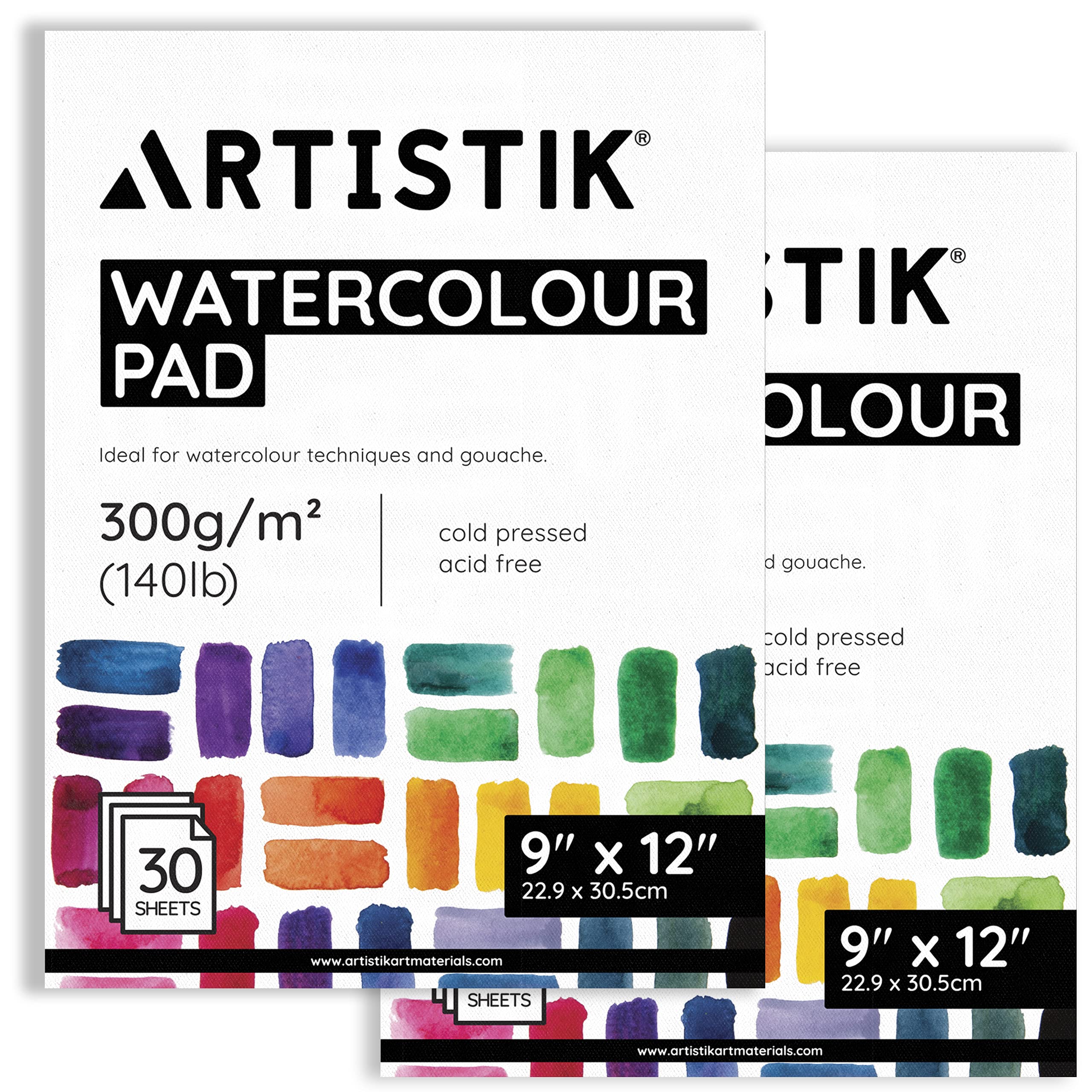 ARTISTIK 12" x 9" Watercolor Pad for Mixed Media Art and Water-Based Mediums – 300gsm(140lb) Acid-Free Cold Pressed Watercolor Paper Pad – 30 Sheets/Pack of 2
