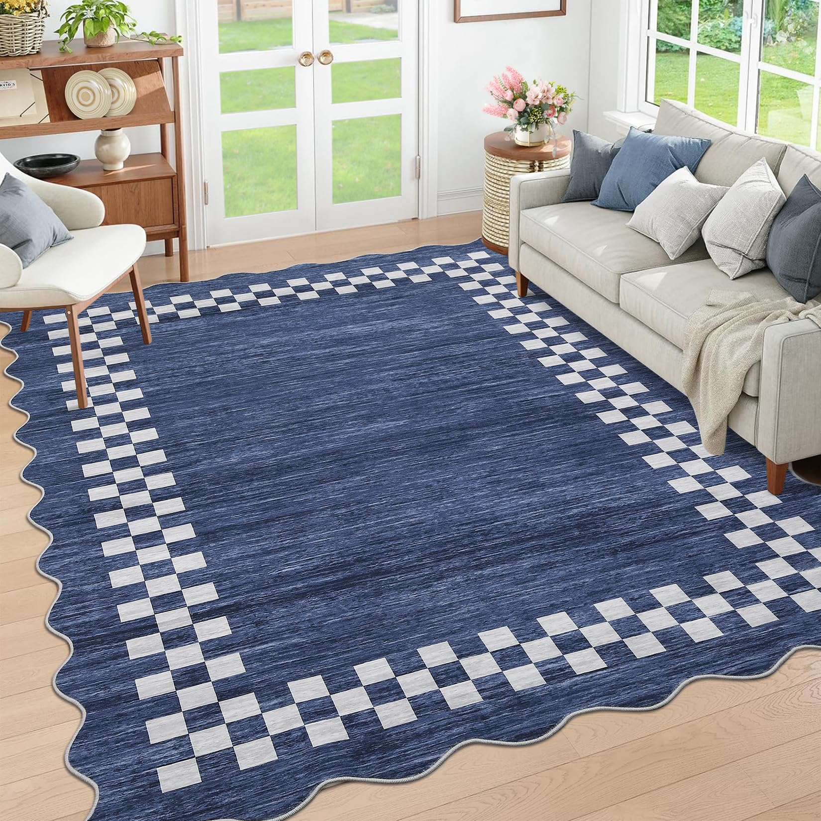 Photo 1 of GarveeHome Washable Rug 5x7 for Living Room Large Bedroom Scalloped Rug Non Slip Stain Resistant Modern Border Throw Carpet Soft Boho Rug for Dining Room Nursery Home Office, Blue