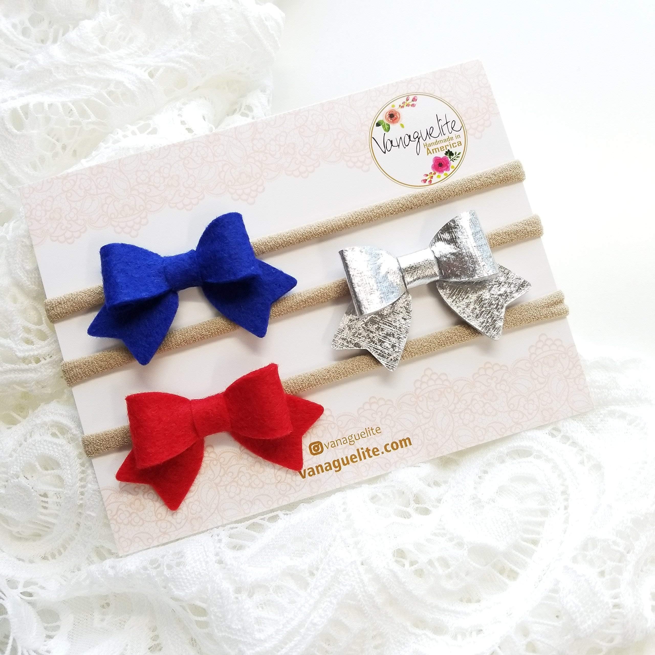 Baby Girl Headbands and Bows, Newborn Infant Toddler Hair Accessories, bright red, royal blue, silver, Patriotic