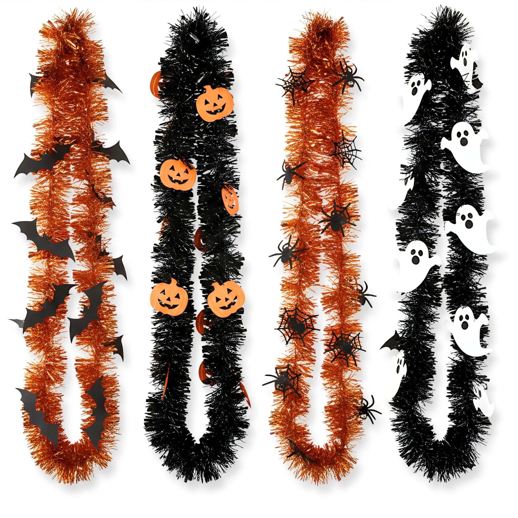 AKH® Halloween Tinsel Garland | 6 Meters (20ft) | Spooky Garland Orange White & Black | Pumpkin Ghost Bat Design Tinsel Banner for Creepy Decoration