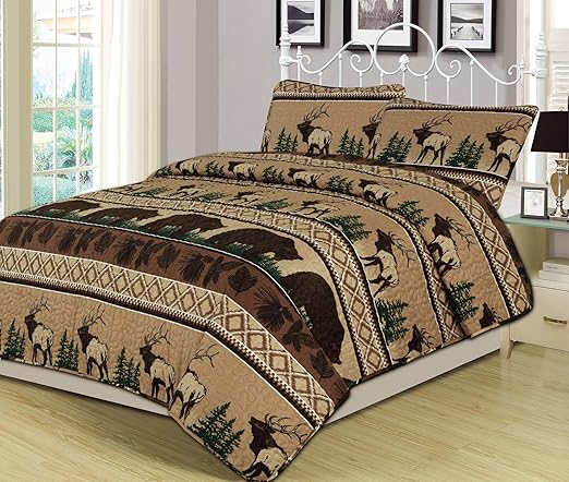 Amazon Com Twin Quilt Set 2 Piece Comforter Bear Elk Log Cabin