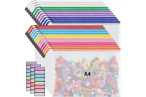 JARLINK 24 Pack 10 Colors Zipper Mesh Document Pouch, A4 Letter Size Mesh Bags for Board Games & Puzzles, Waterproof Document