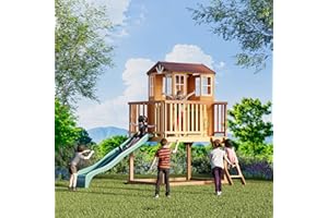 HOMMOW Kids Outdoor Playhouse, Cedar Wood Playhouse with Slide,Growth Chart,Interactive Play Kitchen,Installation Manual and Videos