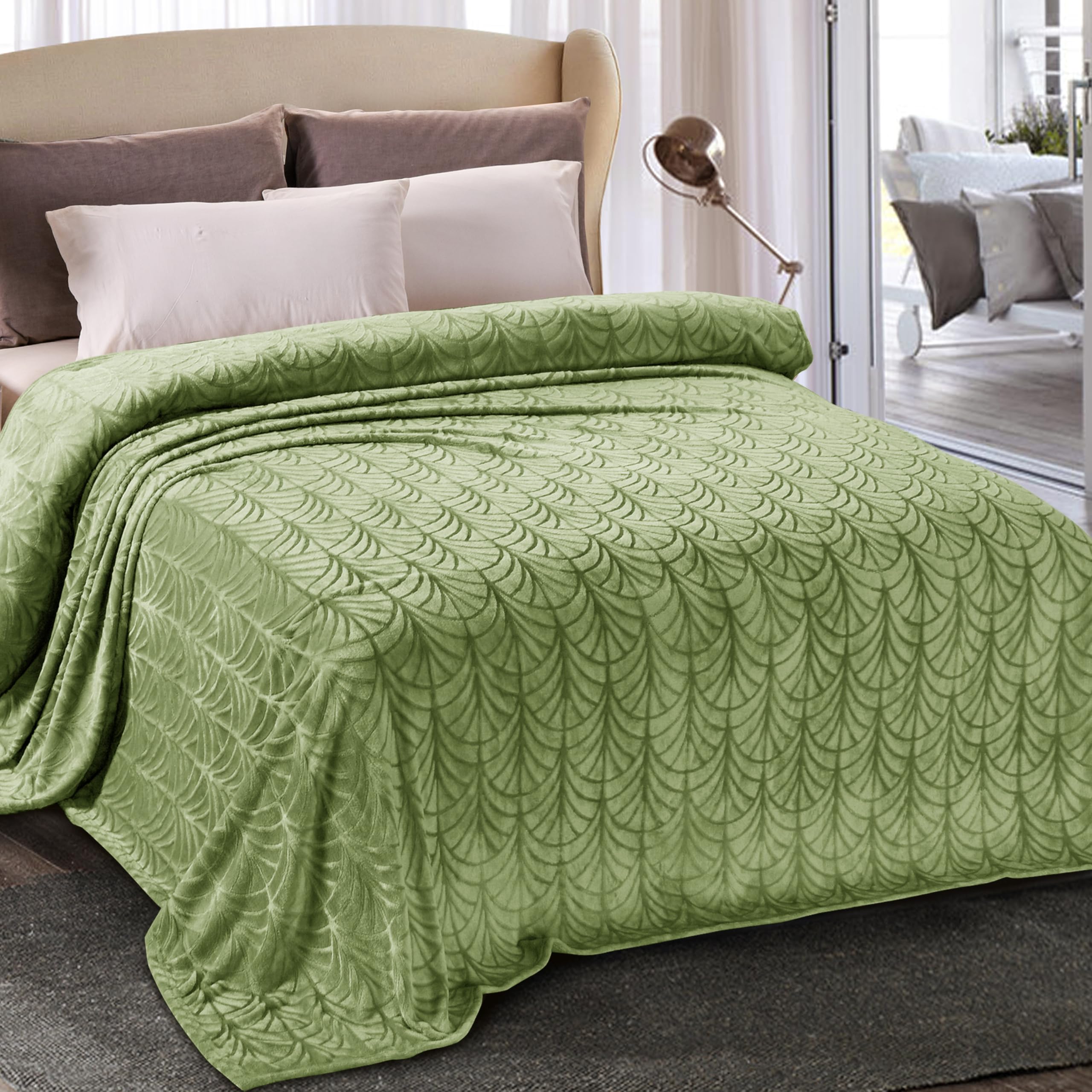 Whale Flotilla Flannel Fleece Queen Size Blanket for Bed, 230x230 CM Soft Fluffy Velvet Bed Blanket with Decorative Vintage Pattern for All Season, Warm and Lightweight, Olive Green