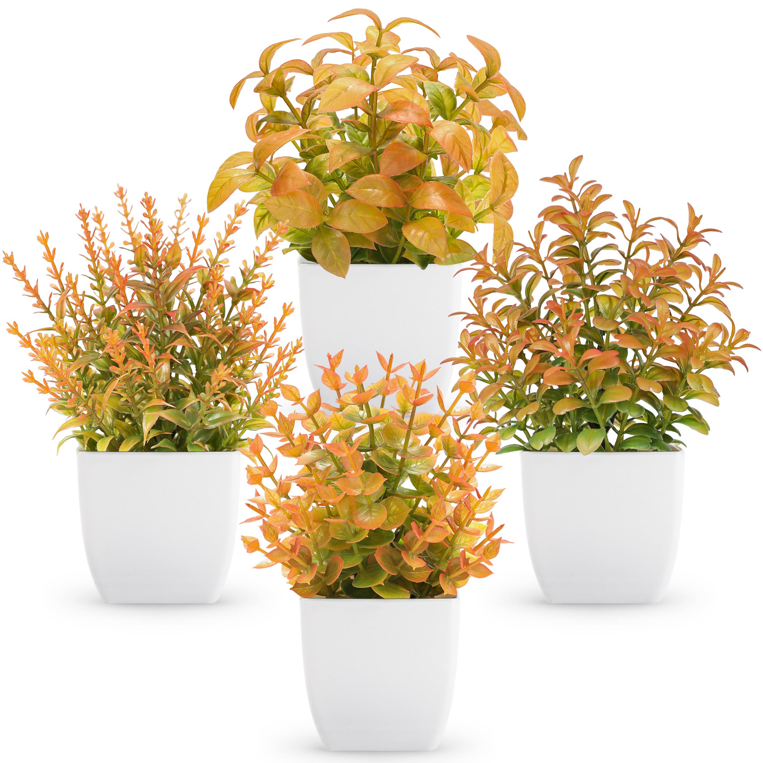 Photo 1 of Der Rose 4 Pack Fall Fake Plants Mini Artificial Greenery Potted Plants Fall Decorations for Home Decor Indoor Office Table Room Farmhouse Bathroom Fall Decor