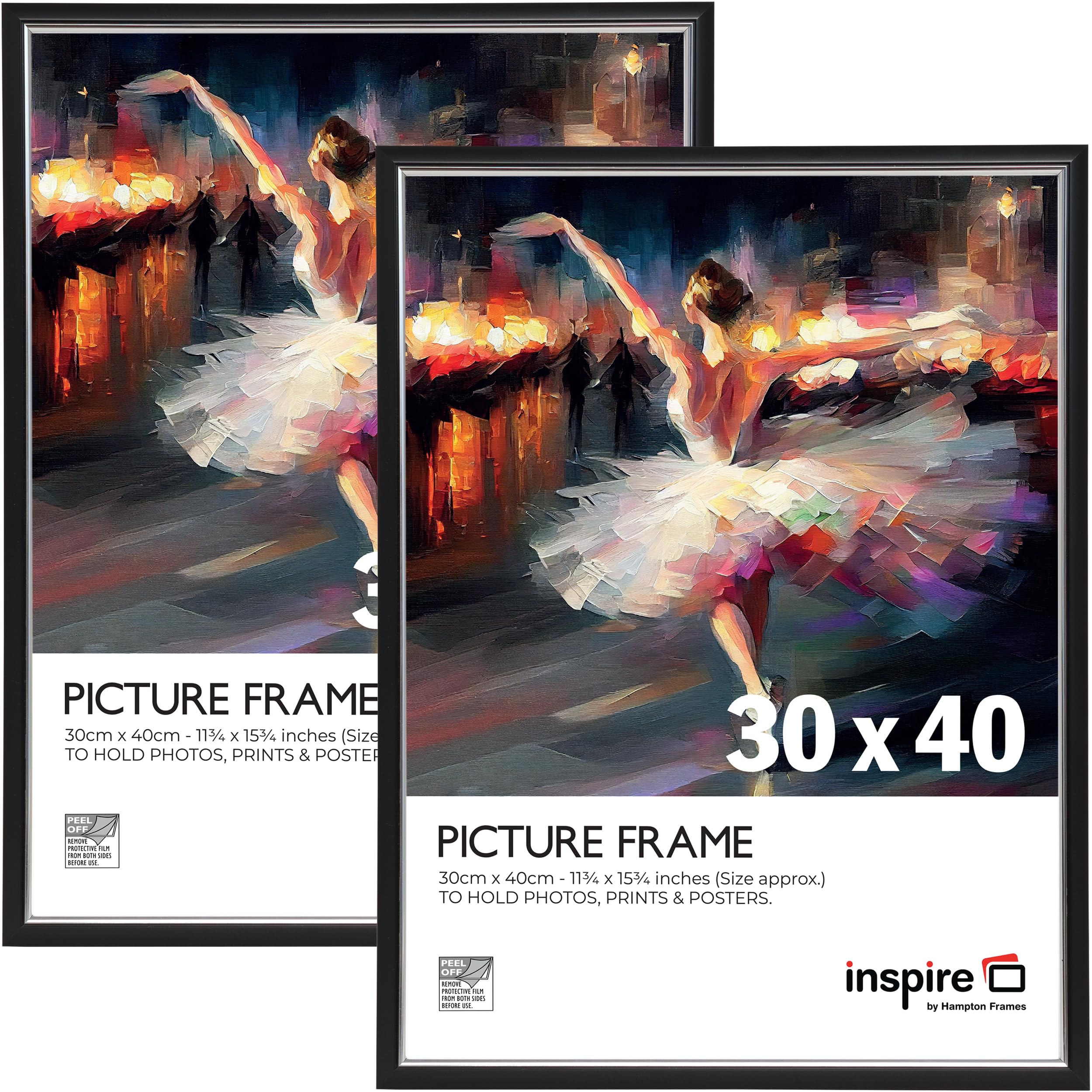 inspire by Hampton Frames | Picture Poster Frame Pack of 2 | 30x40cm, Black, Plastic, Foil Wrapped | Acrylic Non-Glass Front, Wall Mount, Drop In Back | For Photos, Certificates, Art Display