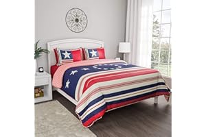 Lavish Home Collection 2-Piece Quilt Set – Hypoallergenic Microfiber Glory Bound Patriotic Americana Flag Print All-Season Blanket with Shams (Twin-XL)