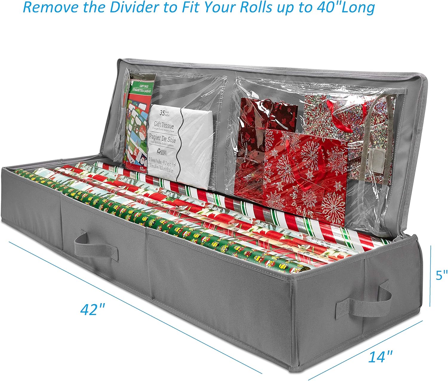 Whitmor Christmas Storage Organizer – Durable 600D Material - Spacious Under Bed Holiday Wrapping Paper Storage Container, Storage for Gift Wrapping, Bags, Ribbon, and Bows – Fits up to 40" Rolls: Home & Kitchen