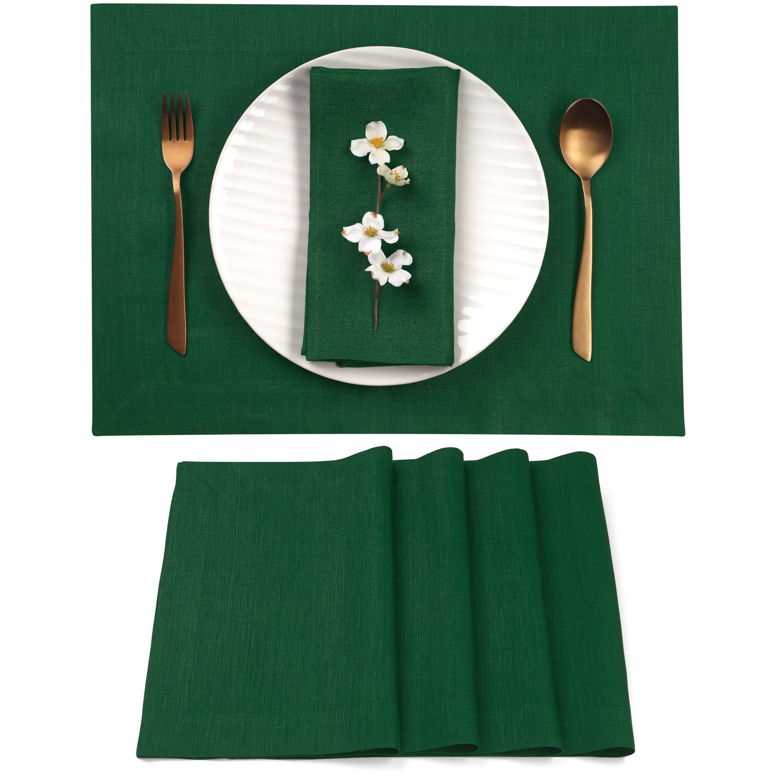 Photo 1 of D'Moksha Homes Linen Forest Green Placemats Set of 4-100% Pure Linen Placemats 14 x 19 Inch for Fall, Autumn and Halloween - Handcrafted and Machine Washable