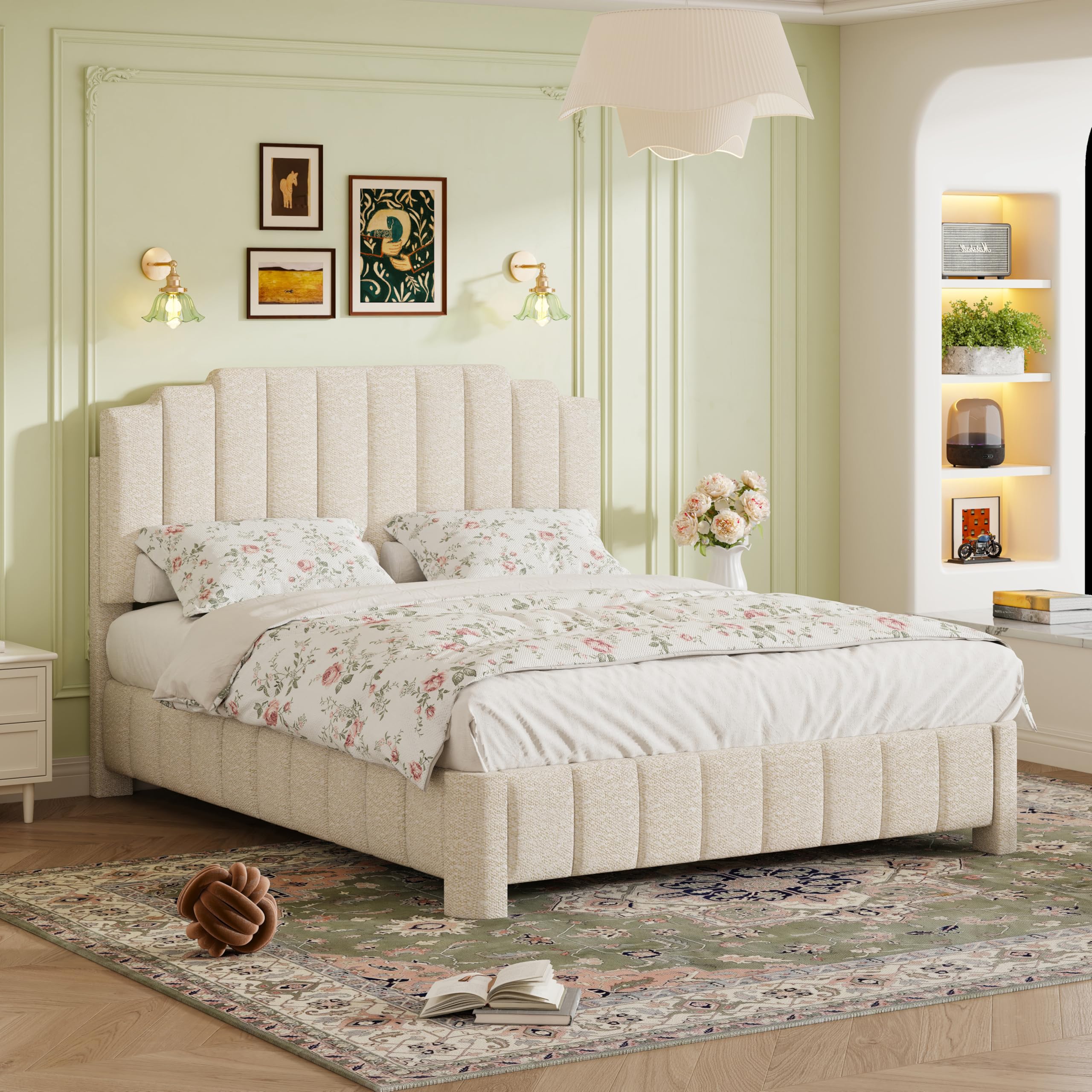 Photo 1 of HDDDZSW Queen Bed Frame with Adjustable Headboard, Upholstered Platform Bedframe, Boucle Queen Size Bed Frame, Solid Wood Slats Support White Bed Frame for Bedroom, No Box Spring Needed (NO INSTRUCTIONS)