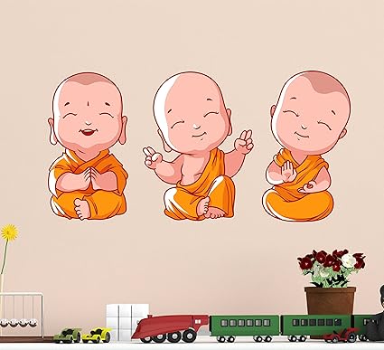 Decals Design Buddha Design Three Baby Monk Wall Sticker (PVC Vinyl, 60 cm x 45 cm, Multicolour)