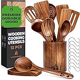 Wooden Spoons for Cooking – Wooden Cooking Utensils Set with Holder, Spoon Rest & Hooks, Teak Wood Nonstick Kitchen Cookware – Durable Set of 12pcs by Woodenhouse