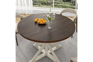 JITEENTAROU Round Wood Dining Table for Kitchen,Dining Room,Living Room,Farmhouse Dinner Tables W/Thickened Brown Waterproof Tabletop for 4 People,47 inch Rustic Kitchen Table W/Metal Support