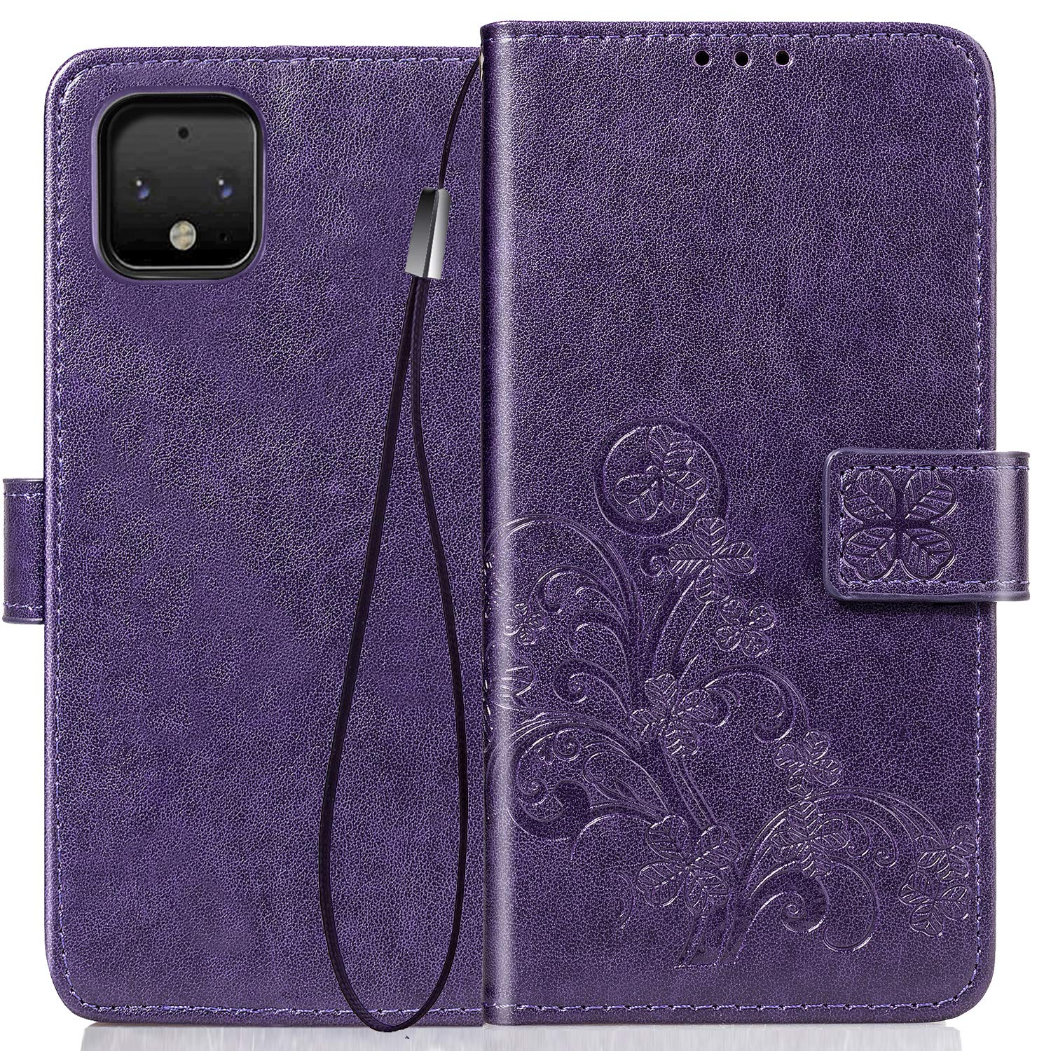 Halnziye for Google Pixel 4 Case - Magnetic Closure Soft TPU Flip Leather Wallet Phone Case with Kickstand Card Slots Designed for Google Pixel 4 Case Cover (Purple)