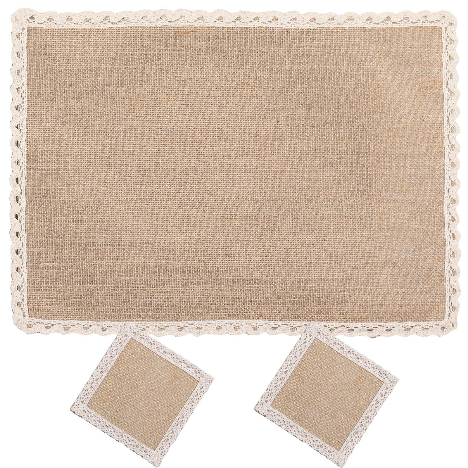 Burlap Coffee Bar Mat with Lace, Rustic Farmhouse Water-Proof Jute Coffee Bar Décor Placemats Coffee Table Placemats for Parties, Weddings, BBQ's,1 Piece placemat + 2 Pieces Cup mats