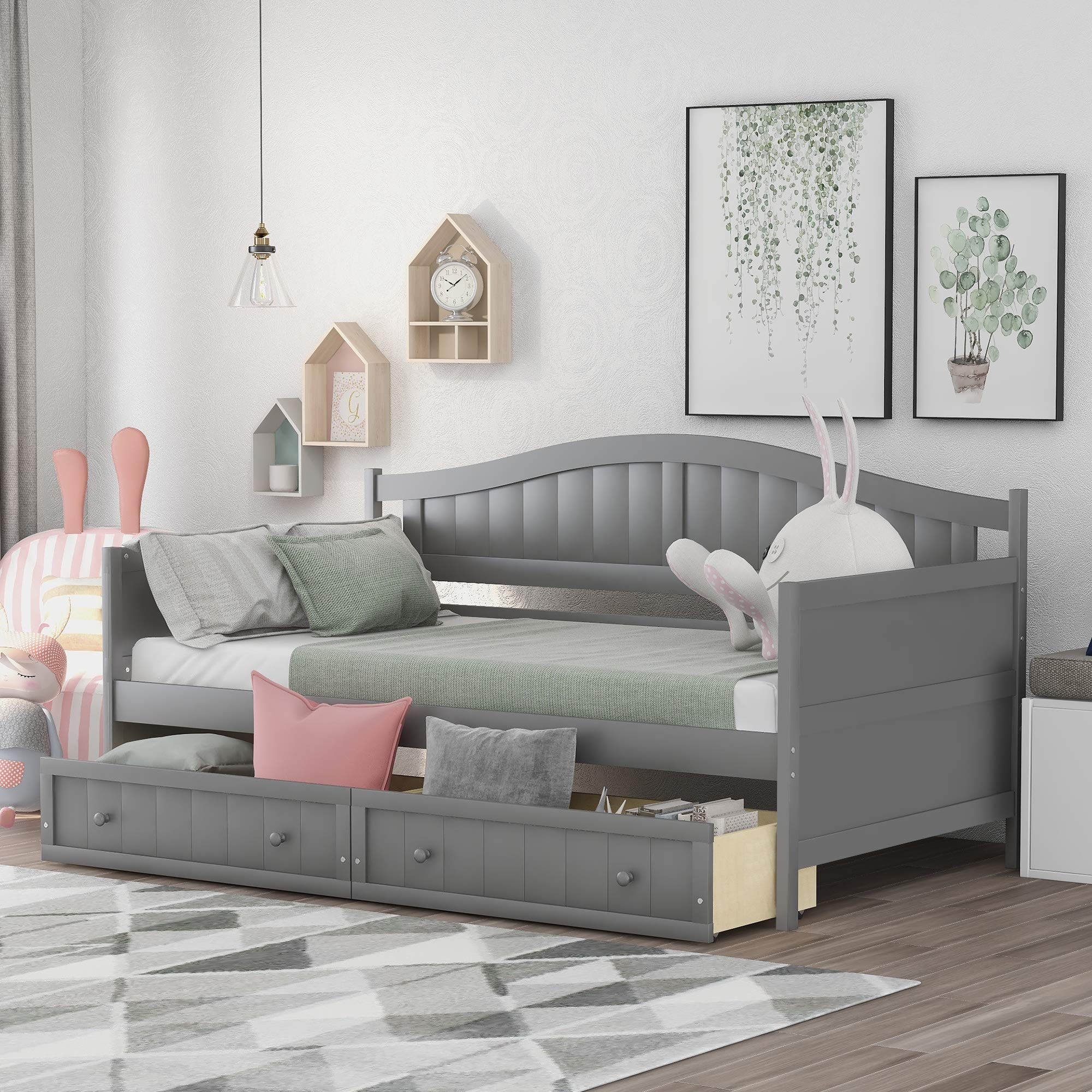 Wooden Twin Daybed Frame With 2 Drawers Wooden Sofa Bed For Bedroom 