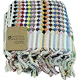 mysticalanatolia 100% Organic Turkish Cotton Hand Towel 20''x35'' Lightweight Quick Dry Absorbent Soft Decorative Bathroom Kitchen Travel Gym Pompom Multi Color