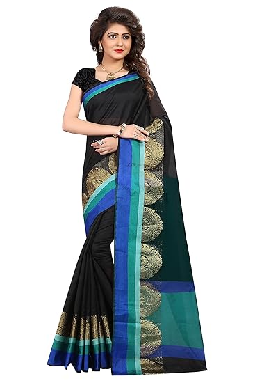 Womens Jacquard Cotton Silk Saree(silk107_black)