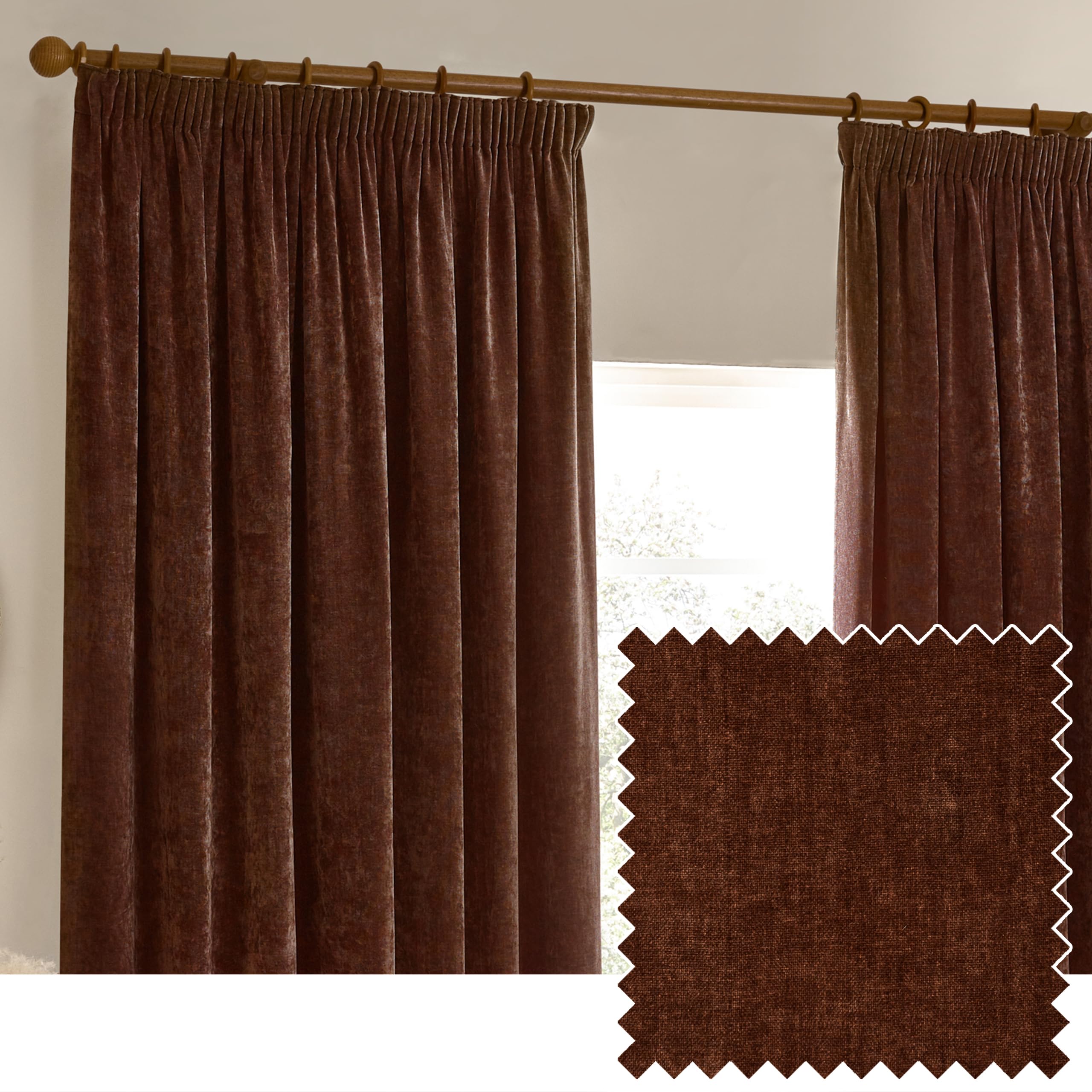 Yard furn Heavy Chenille Pencil Pleat Curtain Pair – Lined Room Darkening Soft Velvet Curtains (Nutmeg - Width 229 x Drop 183cm)