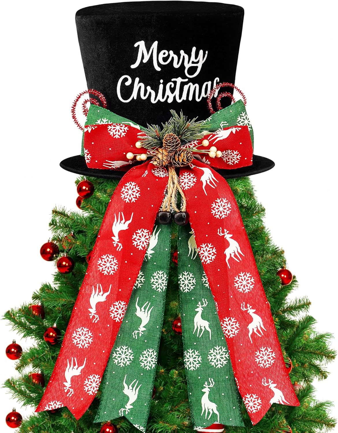 Tree Toppers - Christmas Tree Topper Decorations Gifts, Collapsible Black Velvet Hat With Plaid Red Green Bow Pinecone Snowflake Elk Ribbon Merry Xmas Sign Handmade Ornaments Supplies Large Holiday Indoor Home Decor