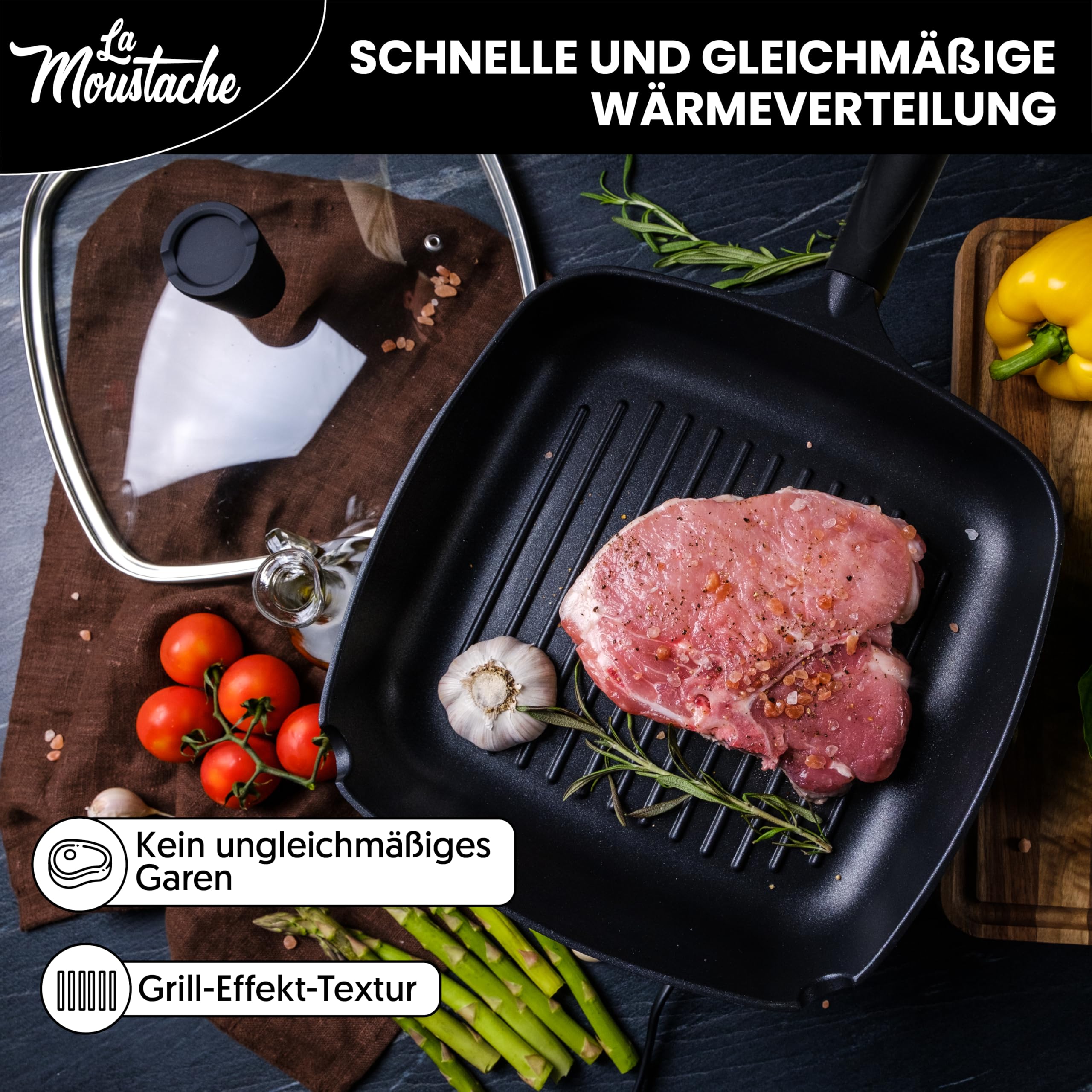 La Moustache - Grillpfanne 28 cm mit Glasdeckel, Quadratische Pfanne PFOA-Freie, Optimale Wärmeverteilung, Griddle Pan/Bratpfanne für Halogen, Gas, Elektro, Induktion, Ceran Kochfelder 5