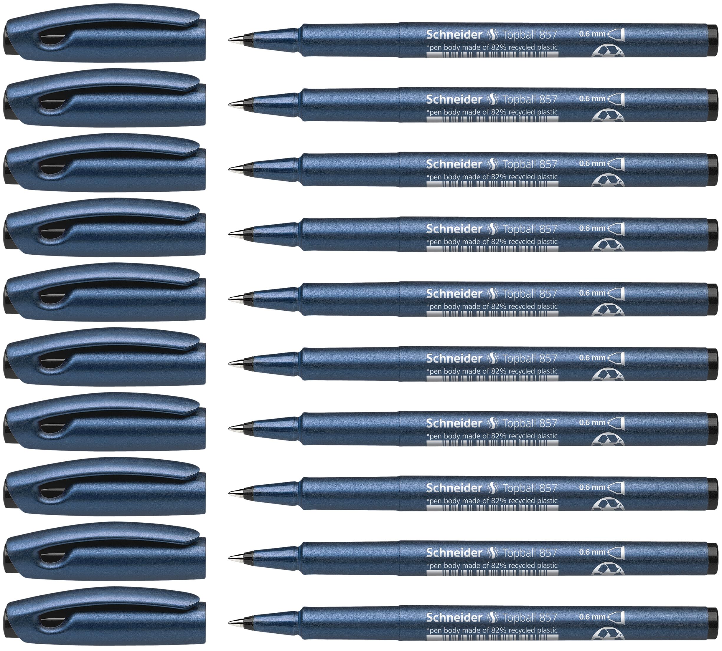Schneider Topball 857 Ink Roller Pen with Solid Metal Tip 0.6 mm, Black (Pack of 10)