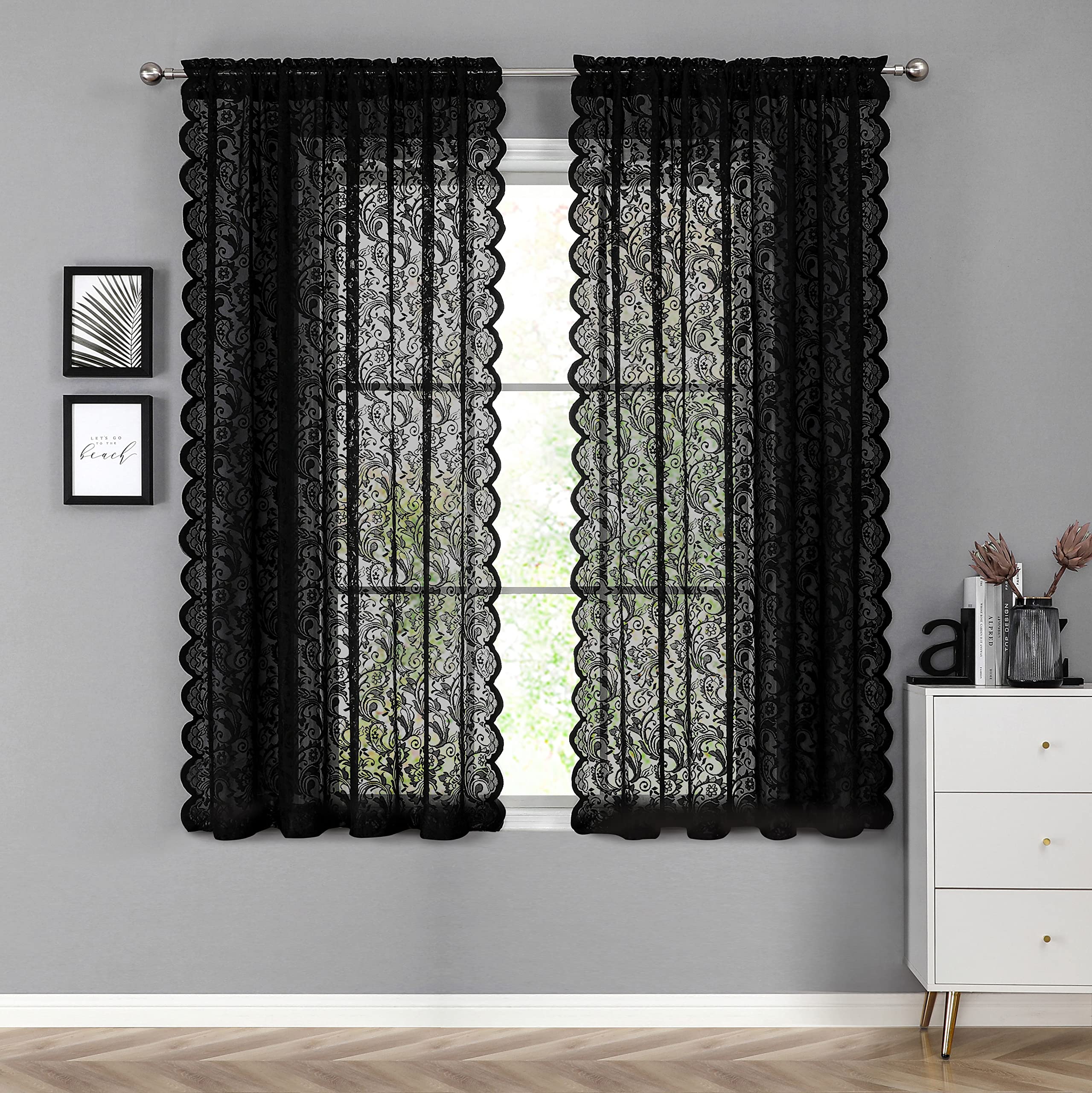 Bujasso Black Sheer Lace Curtains 54 inch Elegant Vintage Floral Short Curtain Panels for Kitchen Living Room Bedroom Light Filtering Black Drapes Window Treatment Sets Rod Pocket 2 Panels 54" Wx54 L