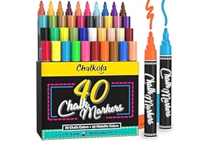 Chalkola Chalk Markers - Pack of 40 (Neon, Pastel & Metallic) Liquid Chalk Pens - For Chalkboard, Blackboard, Window, Labels, Bistro, Glass, Car, Board - Wet Wipe Erasable Ink - 6mm Reversible Tip