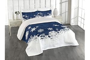 Lunarable Snowflake Coverlet, Winter Theme Christmas Illustration Cold Weather Season Inspired Celebration, 3 Piece Decorative Quilted Bedspread Set with 2 Pillow Shams, King Size, Indigo and White