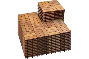 PrimeZone 54 PCS Solid Acacia Wood Interlocking Patio Deck Tiles - 12" x 12" Indoor Outdoor Waterproof Flooring Tiles for Balcony, Backyard & Poolside, All Weather Use, Natural Wood, Checker