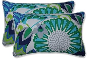 Pillow Perfect Bright Floral Indoor/Outdoor Accent Throw Pillow, Plush Fill, Weather, and Fade Resistant, Lumbar - 11.5" x 18.5" , Green/Blue Sophia, 2 Count
