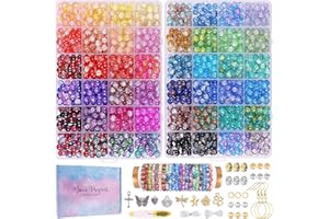 WUOLLGESS 1800PCS 8mm Crackle Glass Beads Bracelet Making Kit, 48 Colors Glass Beads for Jewelry Making, Round Crystal Beads for Bracelets, Friendship Bracelet kit for DIY Crafts Gifts, 2 Box (Crackle Colors)