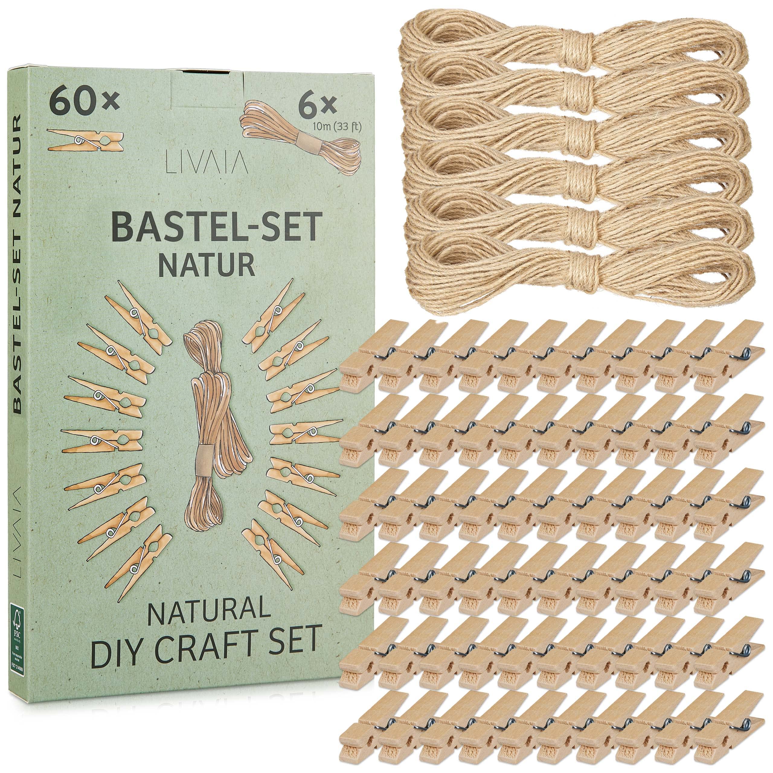 LIVAIA Craft Set: Natural DIY Kit with 6x33ft Jute Twine and 60 Wooden Clips - Versatile Crafting & Decorating
