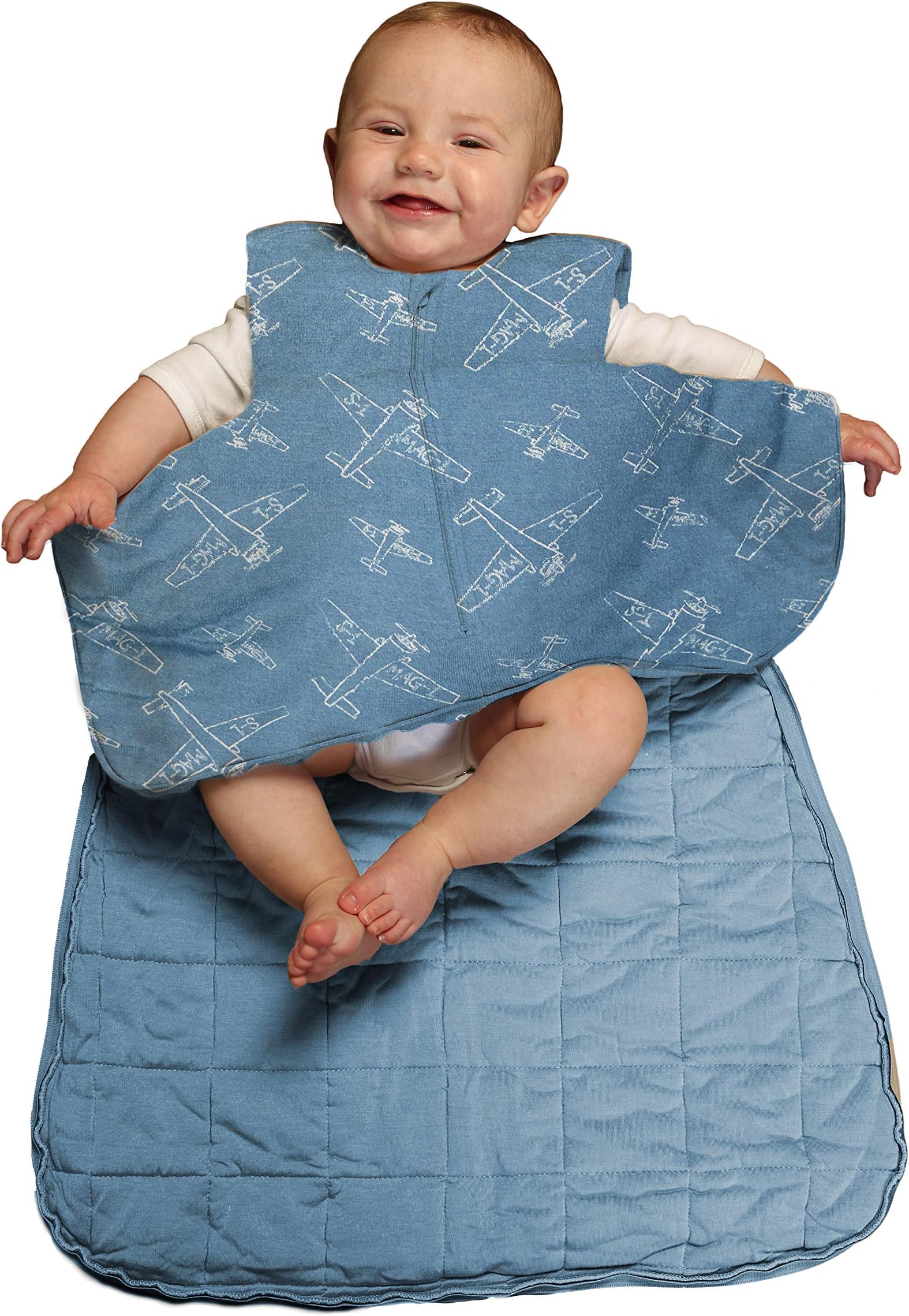 GUNAMUNA Bamboo Viscose Classic Duvet Baby Sleep Bag with WONDERZiP, 2.6 TOG, Blue White Airplanes, 3-9 Months