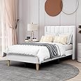 AGARTT Upholstered Platform Bed Frame Twin Size with Headboard and Footboard/Wooden Slats Support/No Box Spring Needed/Easy Assembly,White Linen