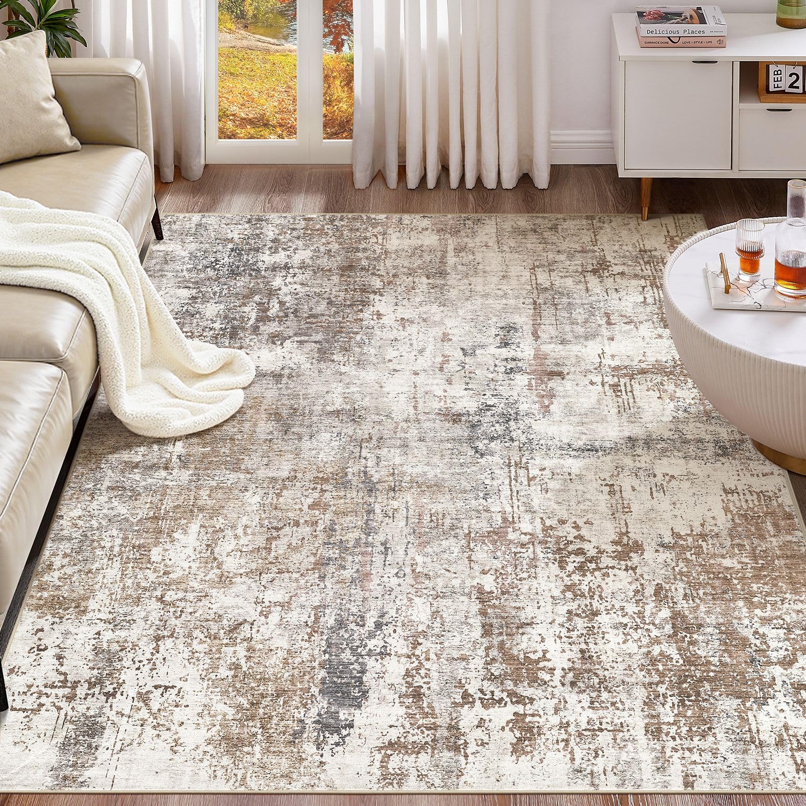 Photo 1 of UERMEI Area Rug Living Room Rugs - Washable Neutral Modern Abstract Soft Thin Rug Indoor Floor No Slip Rug Carpet for Bedroom Under Dining Table Home Office Decor - Brown/Grey/Red - 6x9