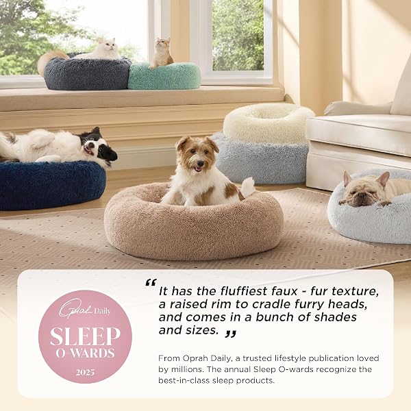 BEDSURE CALMING DOG BED FOR LARGE DOGS – DONUT WASHABLE LARGE PET BED, 36 INCHES ANTI-SLIP ROUND FLUFFY PLUSH FAUX FUR DOG BED, FITS UP TO 80 LBS PETS, PALE GREY
