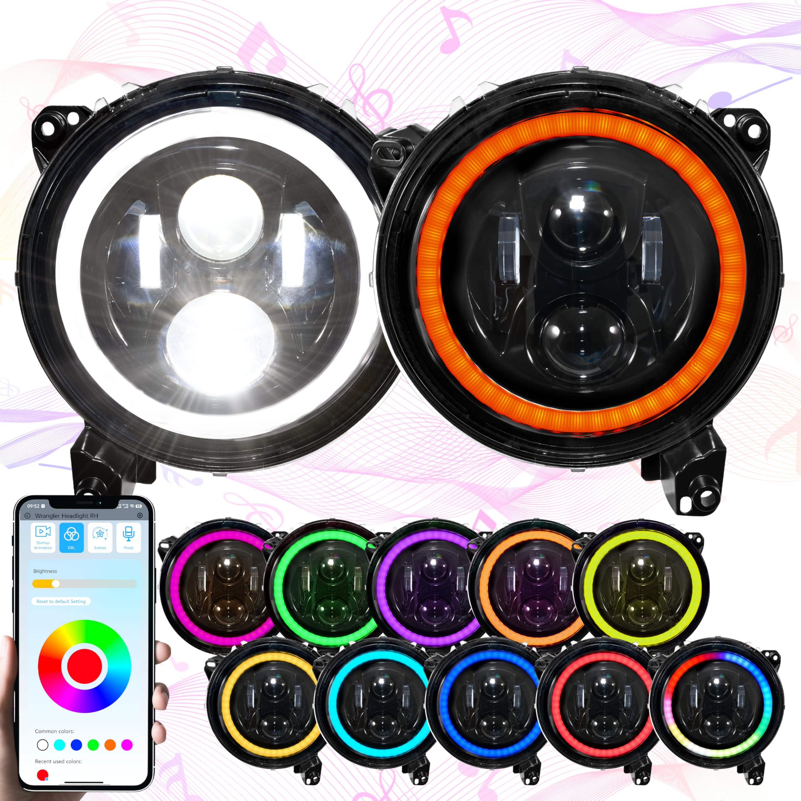 Photo 1 of POKIAUTO 9 Inch RGB LED Headlights for Jeep Wrangler JL/Gladiator JT 2018-2023 Accessories, APP Control Smart Headlight with Start Animation, Turn Signals, Smart Scenes, Music Sync, Plug & Play, 2PCS