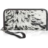 Cowhide Wallet for Women Cow Skin Zipper Leather Clutch, Western Wristlet Fur Wallet Hand Purse Valentines Day Gift For Her, Credit Card Slot Holder