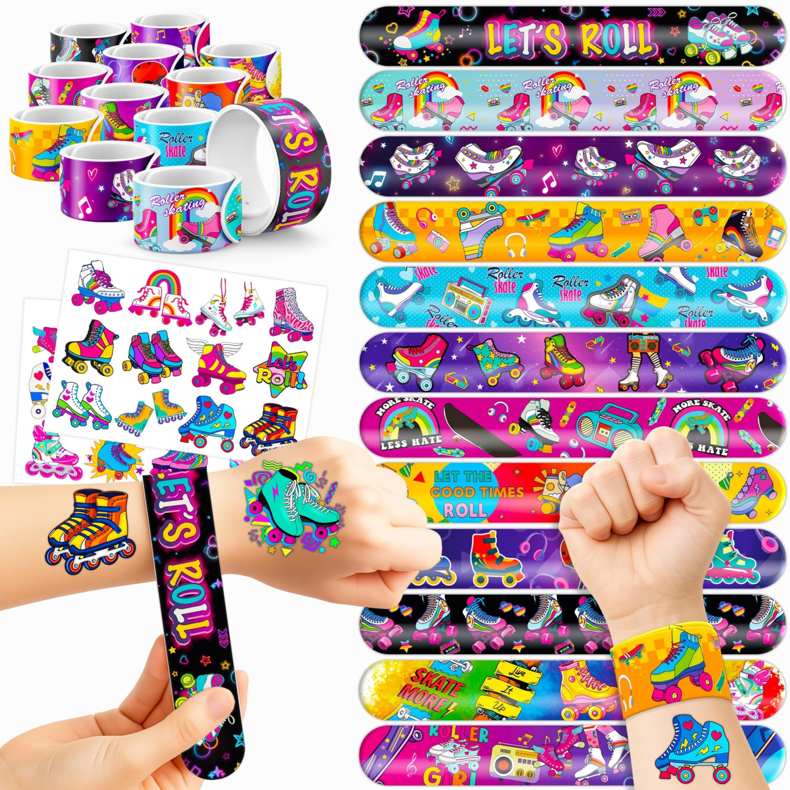 Photo 1 of 48PCS Roller Skate Party Favors - 24PCS Tattoos & 24PCS Slap Bracelets - Retro 60s & 80s Birthday Supplies, Decorations, Gifts, Classroom Prizes for Boys & Girls