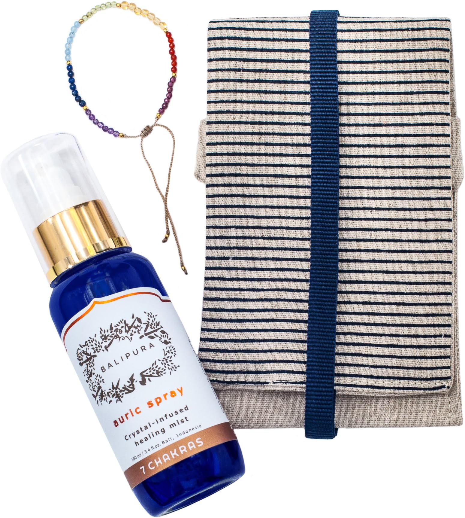 BALIPURA “7 Chakras” Healing Crystals Spray & “7 Chakras” Crystal Bracelet Gift Set. Frankincense & Orange Essential Oils. Amethyst, Citrine & Peridot. 100 ml/3.4 fl.oz.