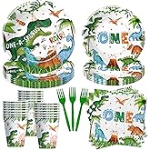 Suhelkit Dinosaur First Birthday Decorations Tableware - Dinosaur 1st Birthday Party Supplies For Boy, Paper Plate, Cup, Napkin, Fork, Dino Party Decorations, Serves 24