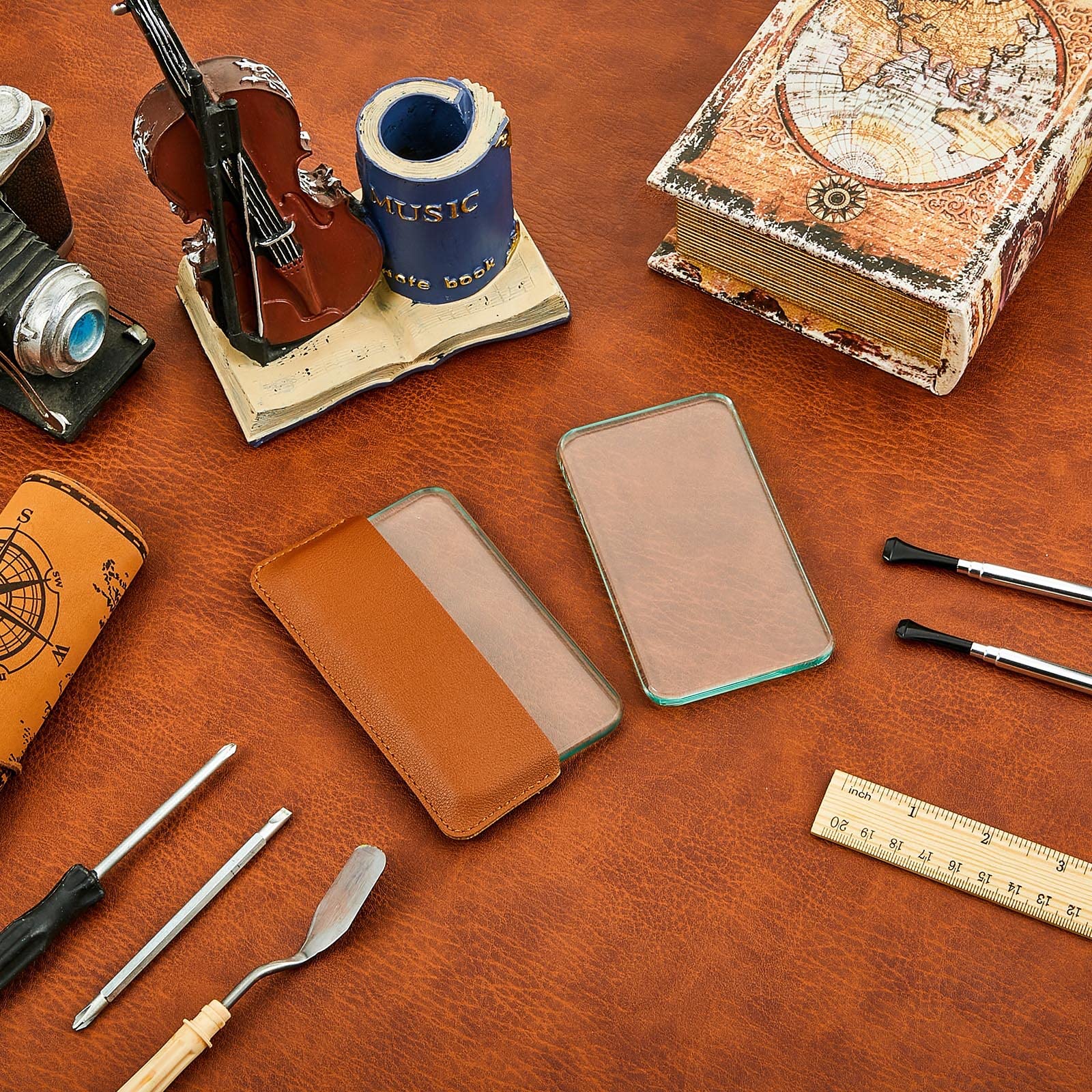 2 Sets Leather Burnishing Tool Glass Slicker Leathercraft Working Tools for Burnishing Burnisher Supplies with Handle for Glass Block Smoothing Techniques(Faux Leather Handle)