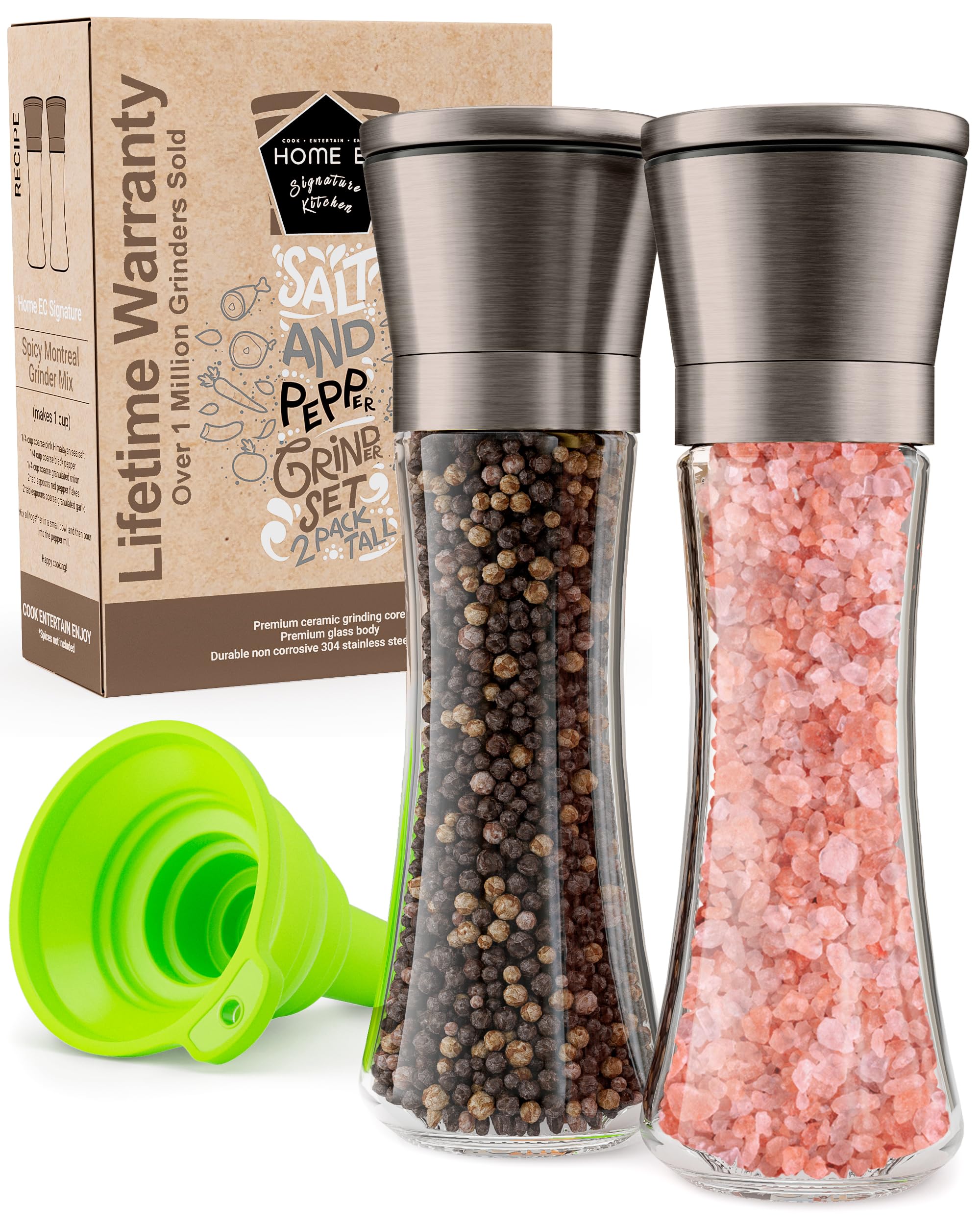 Photo 1 of Home EC Original Gun Metal Bronze Salt and Pepper Grinder Set of 2 - Adjustable Ceramic Grinder - Tall Glass Salt and Pepper Shakers With Funnel and Ebook - Spice Mill - Bronze Kitchen Accessories