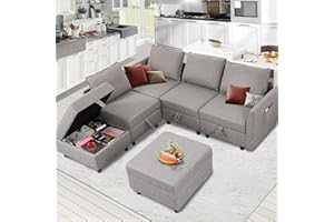 SEJOV Sectional Couch, U-Shaped Modular Sectional Sofa, Grey Couch with Storage Seats, Linen Fabric Sectional Sofa with 4 Seats 2 Ottomans, L Shape Couch, 6 Pieces Modern Couches for Living Room, Grey